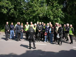 Chairman Harry Wiles chatting to the riders with organisers, John and Ann to the right dressed in blue.
